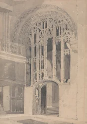 Interiøret i Norwich Cathedral- Døråpning og skjerm mellom sør-transeptet og midtgangen til Pr ...
